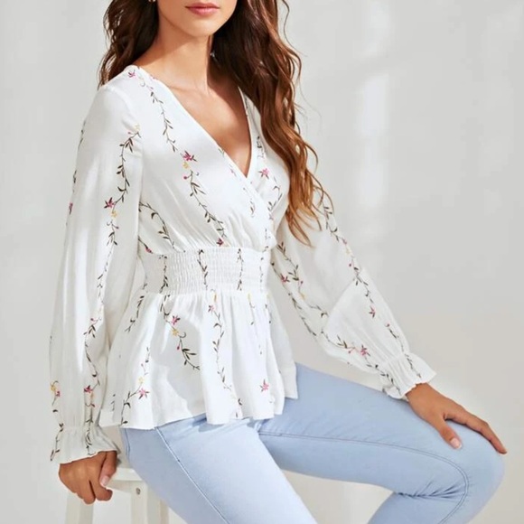 Floral print surplice neck  peplum long sleeve top - Picture 4 of 6